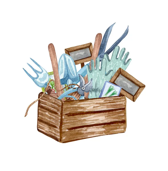 Watercolor set of garden objects. wooden box with instruments, flowerpot. Gardening tools. Spring garden illustration