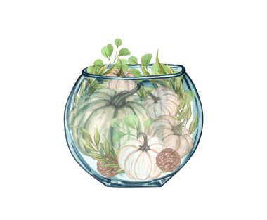 Cam vazoda suluboya balkabağı. Cadılar Bayramı klip sanatı, sonbahar tasarım unsurları, sonbahar düzenlemesi, beyaz arka planda izole edilmiş hasat klibi sanatı..