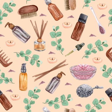 Güzellik, spa ve temizlik temalı suluboya desen. Çeşitli banyo aksesuarlarından oluşur.