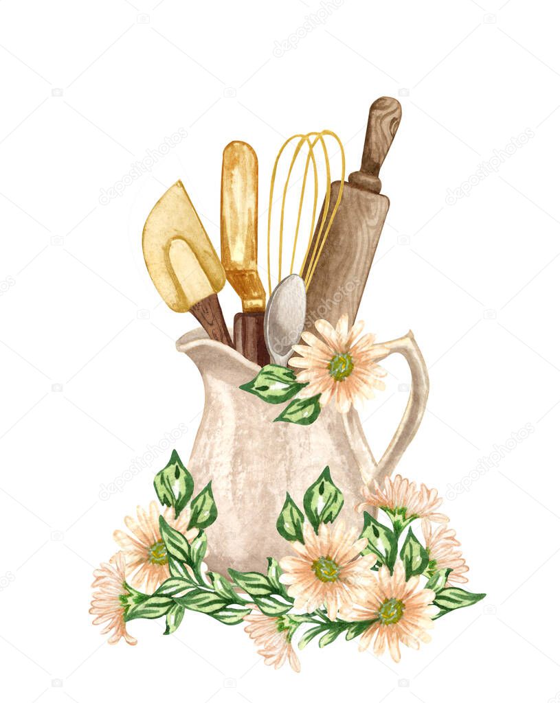 Baking watercolor illustration with kitchen utensils in a clay jag with flowers, polling pin, whisk, spoon on white background. Hand drawn Cooking. bakery logo.
