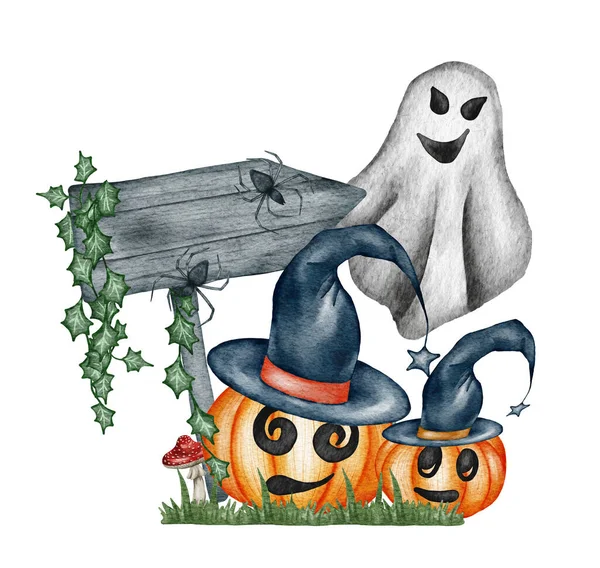 Ilustração aquarela, abóboras de Halloween usando chapéu, elementos de festa conjunto isolado no fundo branco — Fotografia de Stock