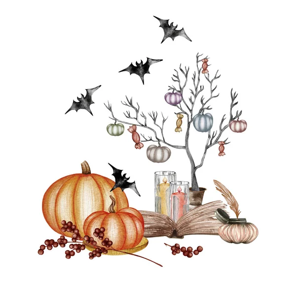 Composición de calabaza de Halloween. Murciélago, cráneo, calabaza en una bandeja, libro mágico, tinta, vela ilustración acuarela dibujada a mano — Foto de Stock