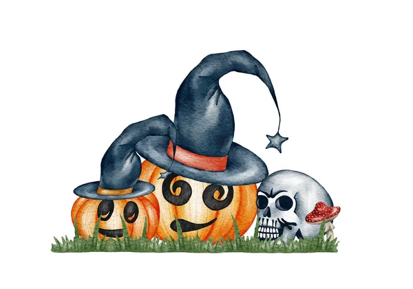 Acquerello illustrazione, zucche di Halloween indossando cappello, elementi del partito insieme isolato su sfondo bianco — Foto Stock