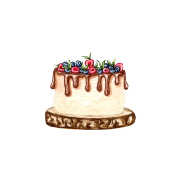 Pasta standında süslemeleri olan suluboya düğün kremalı pasta. Doğum günü pastası..