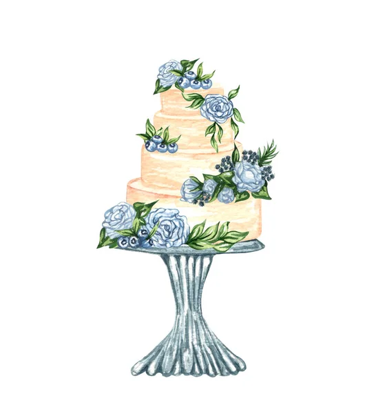 Bolo de creme de casamento em camadas aquarela com decorações florais em uma banca de bolo. Bolo delicioso de aniversário. Clipart de bolo — Fotografia de Stock