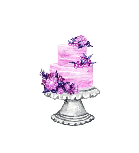 Akvarell lager bröllop grädde tårta med blommiga dekorationer på en kaka stå. Födelsedag läcker tårta. Cake clipart — Stockfoto