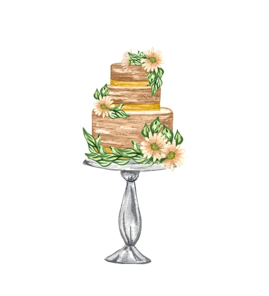 Bolo de creme de casamento em camadas aquarela com decorações florais em uma banca de bolo. Bolo delicioso de aniversário. Clipart de bolo — Fotografia de Stock