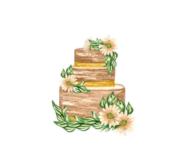 Acuarela en capas pastel de crema de boda con decoraciones florales. Cumpleaños delicioso pastel. Clipart de pastel —  Fotos de Stock