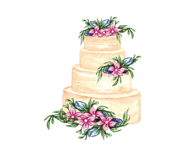 Bolo de creme de casamento em camadas aquarela com decorações florais. Bolo delicioso de aniversário. Clipart de bolo — Fotografia de Stock