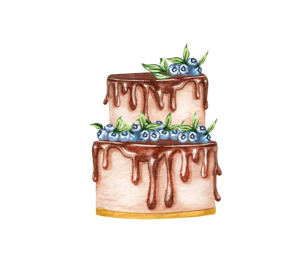 Akvarell lager bröllop grädde tårta med blommiga dekorationer. Födelsedag läcker tårta. Cake clipart — Stockfoto