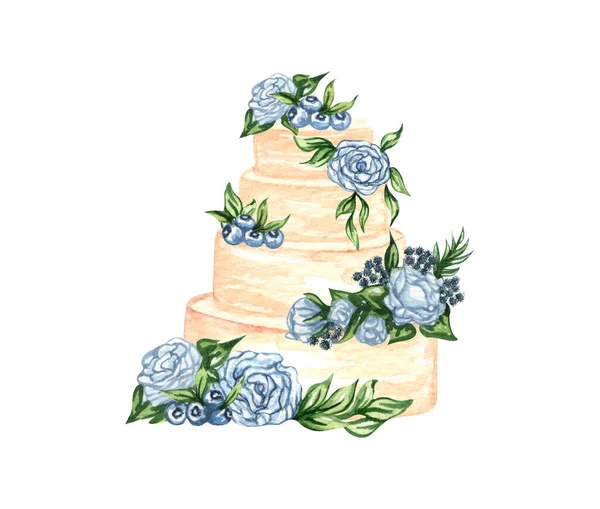 Bolo de creme de casamento em camadas aquarela com decorações florais. Bolo delicioso de aniversário. Clipart de bolo — Fotografia de Stock