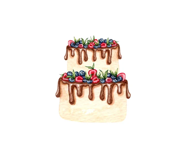 Gâteau à la crème de mariage à l'aquarelle avec décorations florales. Gâteau d'anniversaire délicieux. Clipart de gâteau — Photo