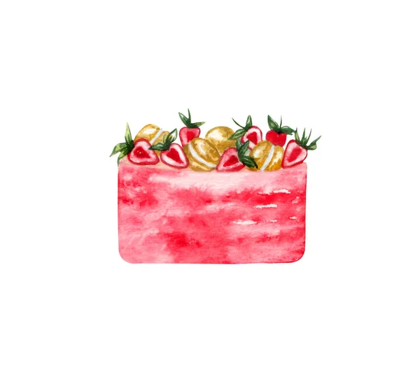 水彩画婚礼奶油蛋糕配花装饰。生日美味的蛋糕。蛋糕团 — 图库照片