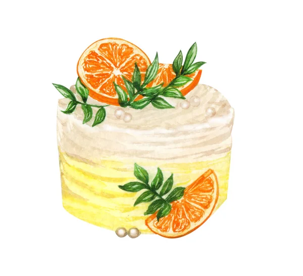 Gâteau crème de mariage aquarelle avec des décorations florales. Gâteau d'anniversaire délicieux. Clipart de gâteau — Photo