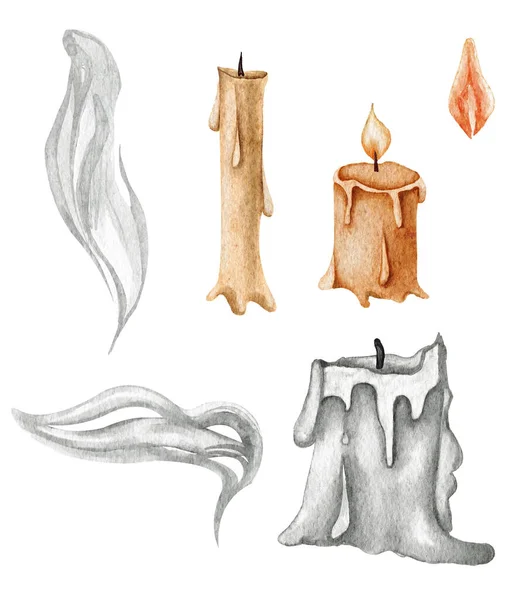 Watercolor hand drawn illustration with vintage candles and smoke on white — Stock Photo, Image