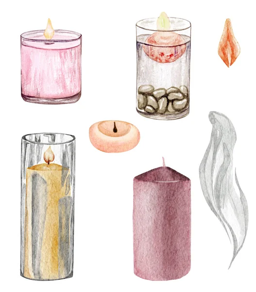 Acuarela ilustración dibujada a mano con velas de vidrio y humo en blanco. aromaterapia — Foto de Stock