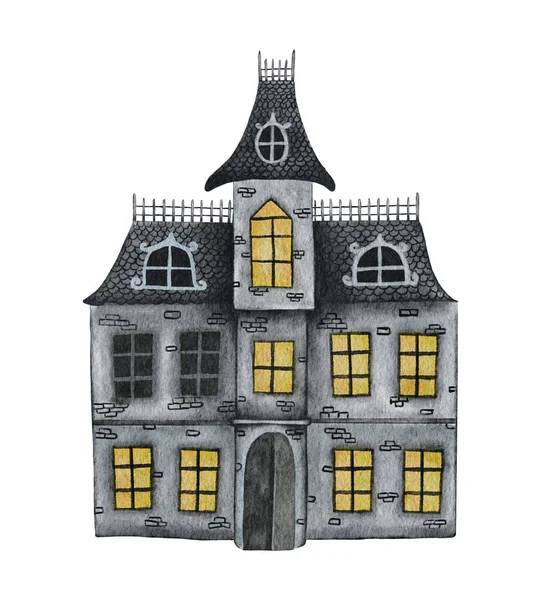 Tarjeta de Halloween acuarela. Castillo pintado a mano con ventanas brillantes, impresión de vacaciones para el diseño o el fondo. —  Fotos de Stock