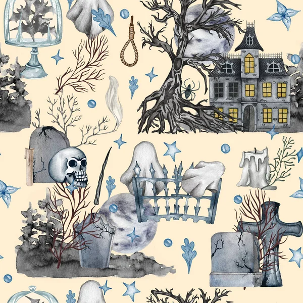 Watercolor helloween Seamless pattern. Graveyard. Perfect for cards or posters, halloween design, recipe or menu. Holiday
