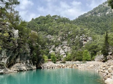 Türkiye 'deki Goynuk Kanyonu' nun turkuaz nehri, kayalık uçurumlar ve yumuşak gün ışığında yeşil ormanlı yatay fotoğrafı. Huzurlu, sakin suları olan doğal bir yer..