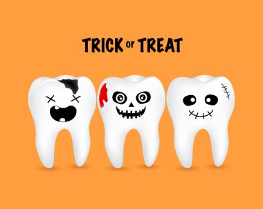 Korkunç çizgi film karakterleri, kanlı diş. Şeker ya da şaka konsepti, Mutlu Cadılar Bayramı günü, turuncu arka plan çizimi.