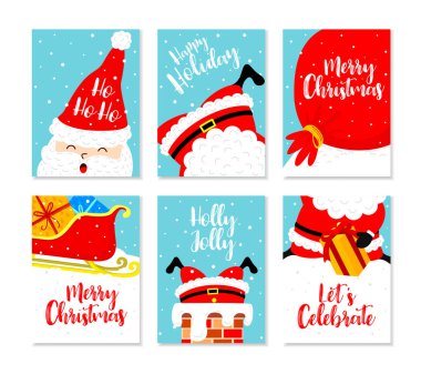 Noel kartı seti. Mutlu Noeller ve şirin Noel Baba 'yla mutlu yıllar. Vektör illüstrasyonu.