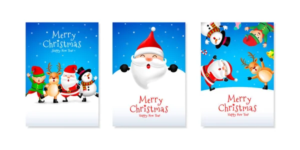 Ensemble Cartes Noël Père Noël Bonhomme Neige Renne Elfe Joyeux — Image vectorielle