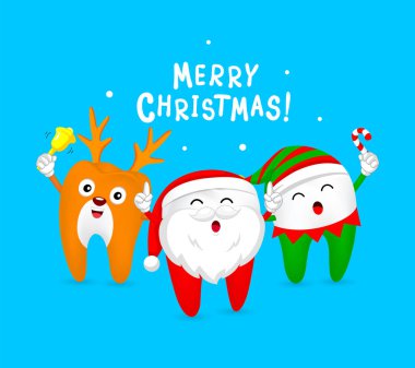 Noel Dişi Karakterleri tasarımı, Noel Baba, küçük elf ve ren geyiği. Mutlu ve parlak Noel konsepti. Mavi arkaplanda resim.