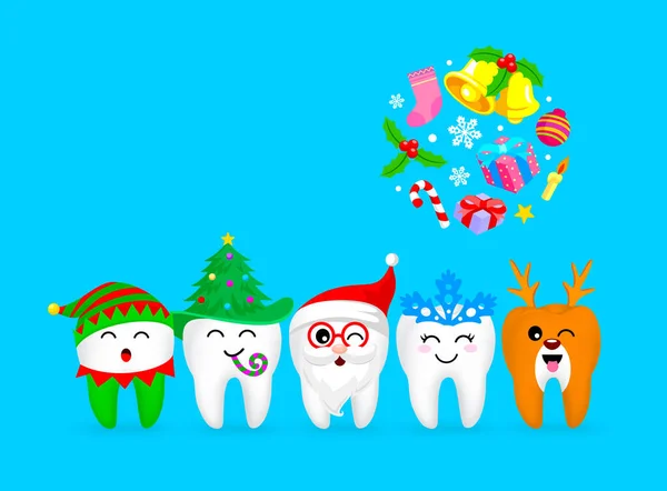 Dentes Natal Personagens Design Papai Noel Pequeno Elfo Floco Neve —  Vetores de Stock