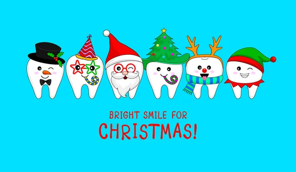 Bir dizi Noel dişli karakter. Noel Baba, Kardan Adam, Elf ve Ren Geyiği. Noel için parlak bir gülümseme, diş bakımı konsepti. Mavi arkaplanda vektör illüstrasyonu izole edildi.