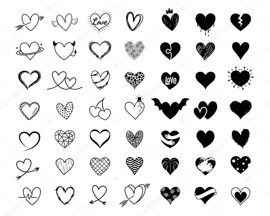 Heart icon design set. Hand drawn line art style for Valentines day. Vector illustration.