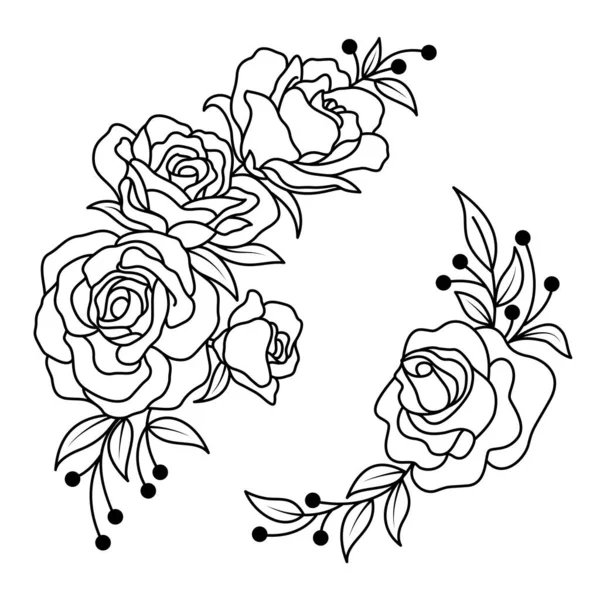 手描きのバラの花と葉束 ベクトルラインアートモノクロエレガントな花 Tシャツ タトゥー 着色ページ 結婚式の装飾のためのデザイン — ストックベクタ