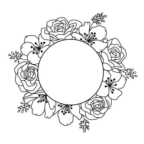 Розы Вишня Расцветают Вокруг Круга Контур Цветов Векторная Иллюстрация — стоковый вектор