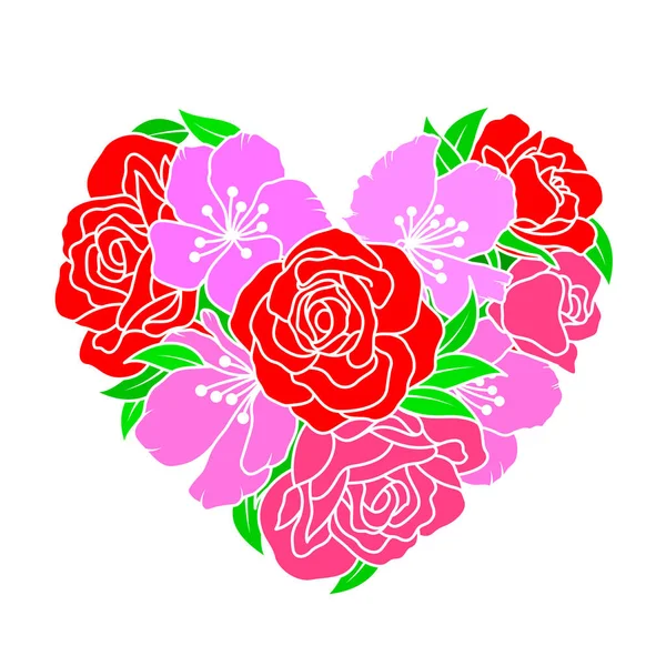 Květiny Tvaru Srdce Růže Design Třešňových Květů Vektorová Ilustrace — Stockový vektor
