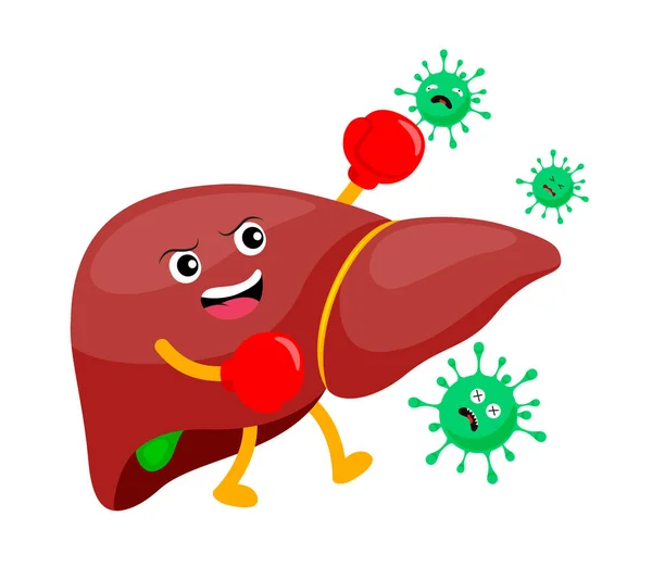 有健康问题的人类肝脏 肝脏卡通人物 矢量图解 世界肝炎日 — 图库矢量图片