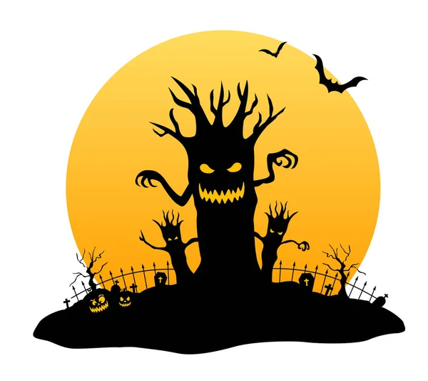 Noc Halloween Strasznym Drzewem Element Sztandar Kartka Życzeniami Świętowanie Halloween — Wektor stockowy