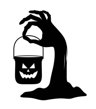 Cadılar bayramı kovalı zombi eli. Şeker mi şaka mı? Vektör illüstrasyonu.