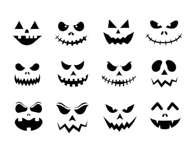 Korkunç Cadılar Bayramı Balkabağı Surat Simgeleri. Vektör illüstrasyonu.