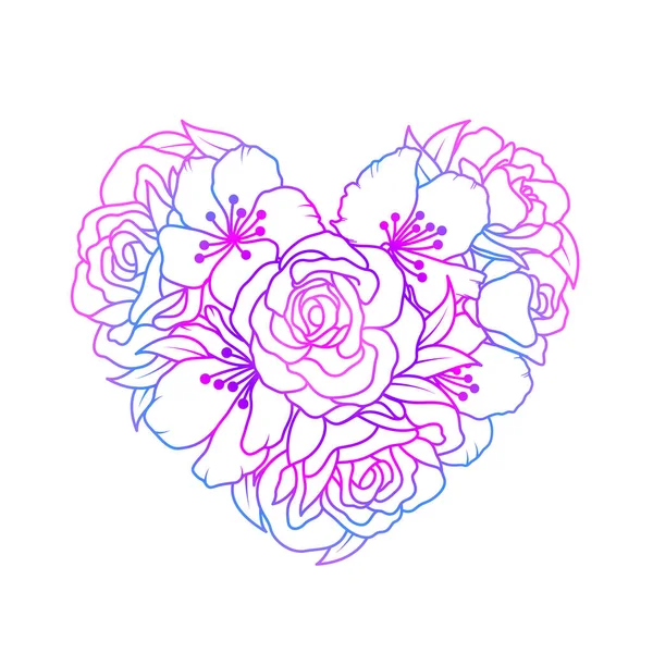 手描きの花で花束組成 カラフルなアウトラインスタイル ベクトルイラスト — ストックベクタ