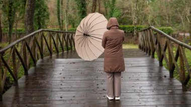 Açık şemsiyeli bir kız. Yağmurlu sonbahar havası, doğa, açık hava. Yağmurlu bir orman parkında, tahta bir köprüye doğru ıslak bir patika boyunca yürür. Roma, İtalya, 27 Aralık 2025.
