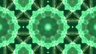 Koyu arkaplanda simetrik çiçek desenleri olan soyut yeşil kaleydoskop.