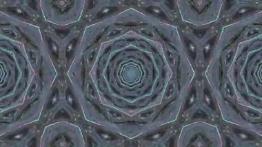 Simetrik ve psikedelik geometrik desenli soyut dijital tünel çizimi.