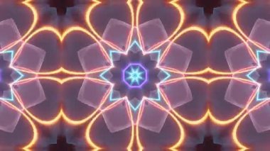 Neon parlak çizgileri ve geometrik şekilleri olan soyut kaleydoskop desenleri animasyon.