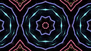 Parlak neon ışıkları ve geometrik şekilli soyut kaleydoskopik arkaplan döngüsü.