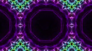 Geometrik şekilli ve titreşimli ışık desenli soyut kaleydoskopik arkaplan.