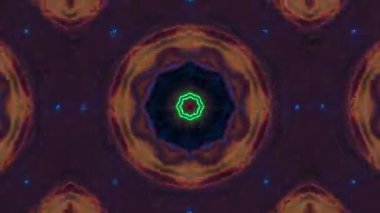 Kaleydoskopik Soyut Geometrik desenler, renkli neon ışıklar, hareket grafikleri ve görsel efektler.