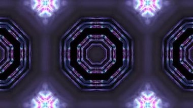 Soyut geometrik desenler ve parlak neon ışıklar arasında kaleydoskopik yolculuk.