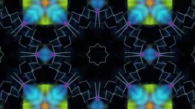 Siyah arkaplanda canlı renkler ve geometrik şekillerle büyüleyici kaleydoskop deseni.