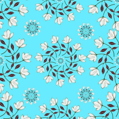 seamless vintage floral pattern on white background with flowers in blue and white colors