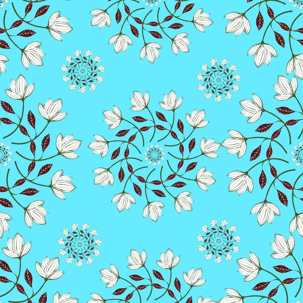 seamless vintage floral pattern on white background with flowers in blue and white colors