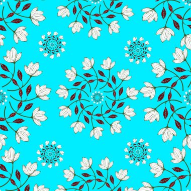 Kusursuz vektör çiçek deseni. Beyaz arkaplanda mavi, gri ve beyaz çiçekler.